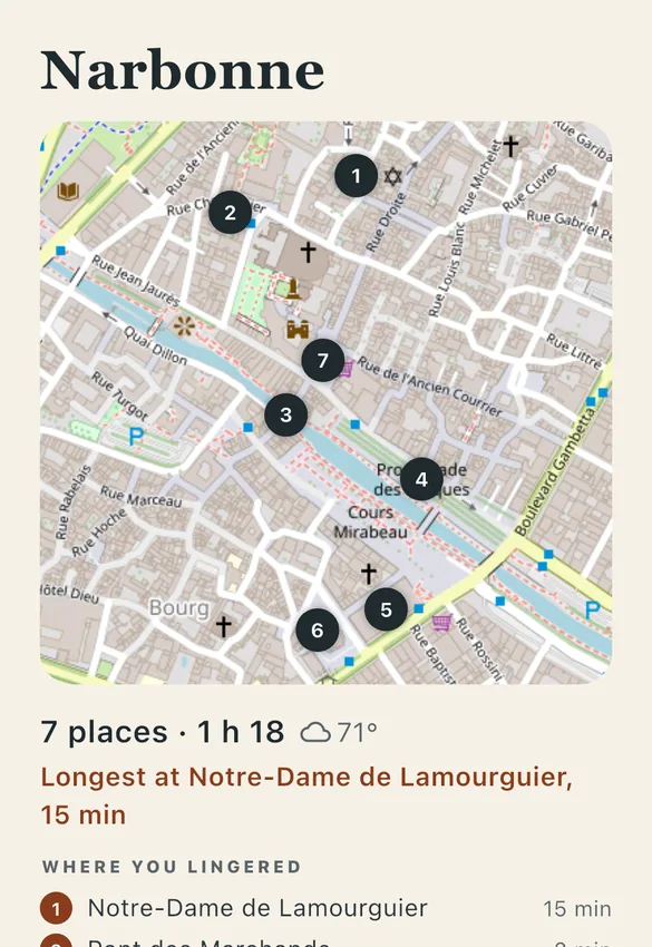 A walk’s recap in the app: a map with the places numbered, the time it took, and where you lingered longest.