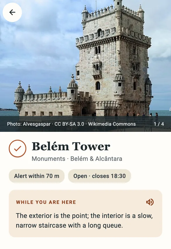 A place in the app, with its photo and credit, how close the alert is, and what to look at while you’re there.