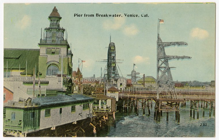 The pier from the breakwater, about 1914, and where it stood today